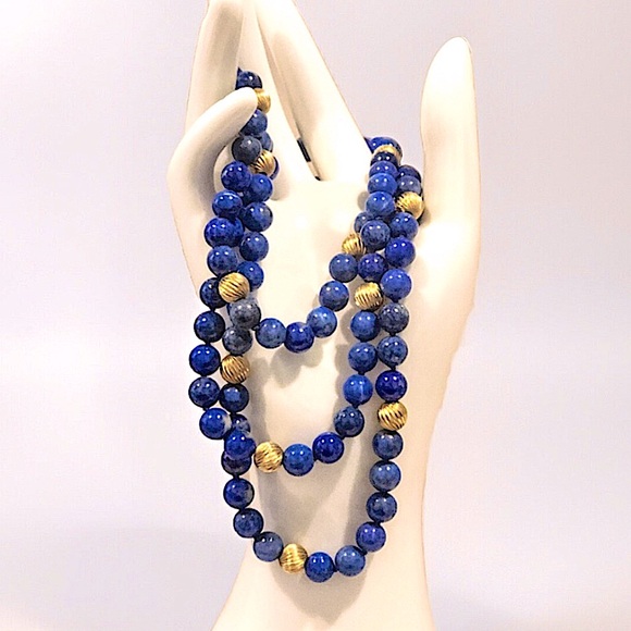 VINTAGE Lapis Lazuli 14k Gold Sculpted Beads & Clasp Hand Knotted Necklace - Picture 8 of 17